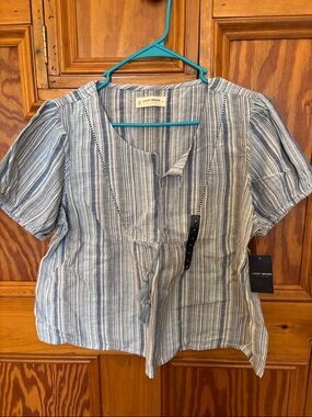 Lucky Brand Blue and White Striped Linen-Blend Peasant Top